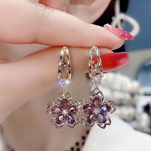 Crystal Purple Flower Sakura Hoop Earrings Dangle Wedding Women Fashion Jewelry