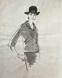 Vintage Fashion show Model pencil Ink drawing on thin paper