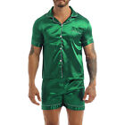 US Mens Silk Satin Pajamas Set Short Sleeves Button Tops and Shorts Sleepwear