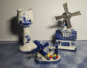 Lot 3 Delft Windmills Tulip Vase, Boma Music Box, Kissing Couple Marken Holland