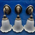 Set Of 3 Three Early Antique Brass Dark Patina Sconces Frosted Shades 26I