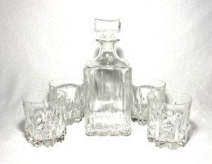 CIRCLEWARE CRYSTAL~  DECANTER + (4) OLD FASHIONED GLASSES (Beekman Place) ~Italy