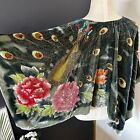Western Fashion Beaded Silk Blend Green Poncho Floral Peacock One Size Velvet