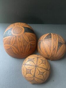 African Gourd Bowl Calabash Artisan Hand Carved Pyrography Folk Art Set Of 3