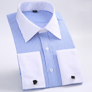 Mens Dress Shirts Luxury Casual Striped White Collar Camisas French Cuff Shirts