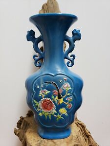 Chinese Porcelain Carving Doble Ear Blue Vase 10.5