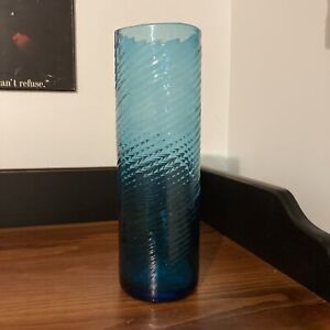New ListingHand Blown  Aqua Blue Glass Vase With  Swirl Pattern 9” Tall