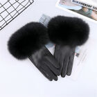 Women's Real Sheepskin Leather Gloves Fox Fur Cuffs Mittens Winter Warm Glove
