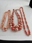 Vintage Estate Lot Of Three Necklaces Peach Colored Five Stand Three Strands And