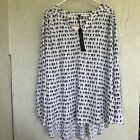 jane delancey 3X Tunic. White With Black Birds On A wire Print. Roll Tab Sleeve