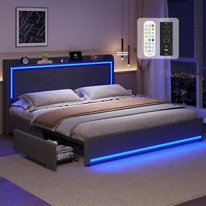 King Size Platform Bed Frame with 4 Storage Drawers Adjustable Headboard, Grey