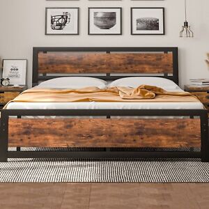Pliwier King Size Metal Bed Frame with Wood Headboard and Footboard Heavy Duty