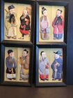 CHINESE - 8 MEN & WOMEN IN COSTUMES - ANTIQUE 3D WALL ART - FABRIC 4 FRAMED PRS