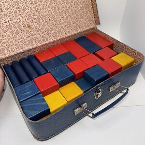 Vintage Wooden Building Blocks Colorful Educational lot of 66 with Case