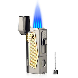 Torch Lighter Windproof Cigar Lighter 4 Jet Flame Refillable w/ Punch and Stand