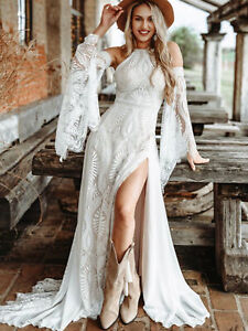 Bohemian Lace Wedding Dress with Side Slit Flared Sleeves Backless Bridal Gowns