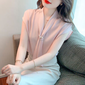 Women Korean Style Tie Neck Chiffon Business Work Office Summer Shirt Blouse Top