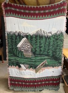 Vtg Mountain Cabin Decorative Tapestry Throw Blanket Country Cabin 46 x 70