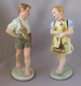Keramos Dakon Glass Porcelain School Boy and Girl Figurine Wien Austria Vienna