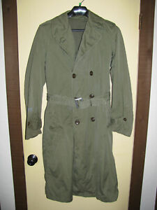 VTG ARMY ISSUE GREEN TRENCH COAT SIZE SMALL/LONG T9233