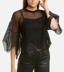 Womens Top S Black Mesh Scalloped Cropped Tunic Sheer Oversized Gothic Rock