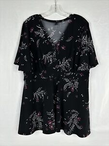 Torrid Top Blouse Womens Plus Size 2 Black Floral Short Bell Sleeve Stretch