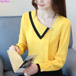 Korean Womens Colorblock V-neck Chiffon Business Workwear Tops Blouse T-shirt