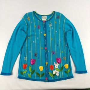 Quacker Factory Sweater Womens Large Cardigan Vintage Flowers Bunny Spring