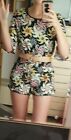 Flower Co-ord two piece shorts and top Black Purple Green Brave soul, size M