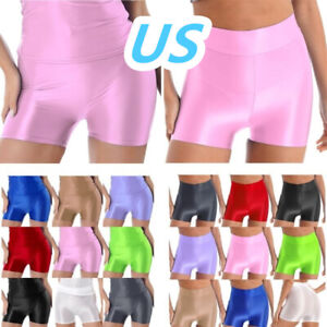 US Women Glossy Shorts High Waist Short Pants Smooth Elastic Hot Pants Underwear
