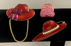 Vintage lot of 3 Brooches Pink Purse w/Rhinestones 2 Hats Red Enamel Gold Tone