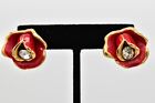 Craft Vintage Rose Earrings Red Enamel Rhinestone Chunky Gold Tone Signed BinU