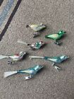 Lot of 6 Vintage Antique Mercury Glass Clip Bird Colorful Ornaments Spun Glass