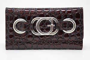 NEW GUESS Women's Brown Patent Croc Embossed Logo Detail Slim Trifold Wallet