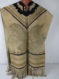70s Native American Western Poncho Suede Leather Fringe Hippie Mayan Eagle VTG
