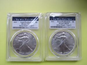 2021 $1 Type 1 and Type 2 Silver Eagle Set PCGS MS70 Last $ First Production