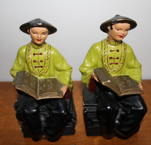 Vtg Asian Men with Books 50s Alexander Backer Co. Chalk-ware Figurines/Bookends