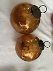 Pr Of Kugel Style Orange Etched Ball Ornaments 4” Nice Mercury Glass