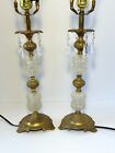 Pair Vintage Hollywood Regency Hobnail Glass Gilt Brass Table Lamp Prisms WORKS