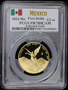 2021-Mo Mexico 1/2 oz Proof Gold Libertad PCGS PR 70 DCAM First Strike Flag PF