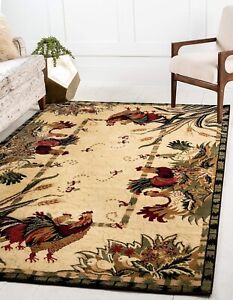 Country Rugs Rooster Beige Red Olive Kitchen Farmhouse Classic Rug 3'3