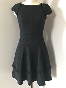 Talbot Runhof Tweed dress black navy Fringe Layered Cap Sleeve cocktail Size 4