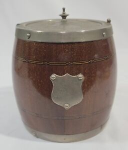 Antique Vintage Biscuit Barrel Oak Wood EPNS Stamped Lid Ceramic *No Handle/Eye*