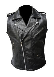 Mens Sleeveless Brando Style Biker Vest Alligator/Crocodile Leather Black Jacket