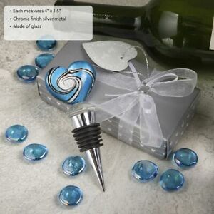10-72 Blue Murano Heart Wine Bottle Stoppers - Wedding Shower Party Favor