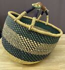 Large Vintage African Ghana Bolga basket Woven Market Basket with leather Handle