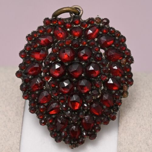Antique Victorian Bohemian Garnet Cluster Heart Pendant Locket