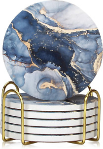 New Listing6 Pcs Navy Blue Marble Abstract Ceramic Coasters Holder Best Absorbent Drink