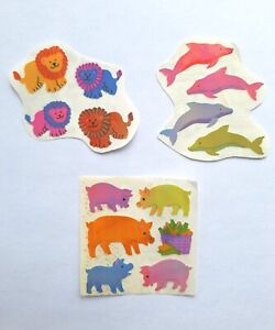 Vintage 80's Sandylion Pearlized Stickers Pigs, Lions, Dolphins Lot Of 3