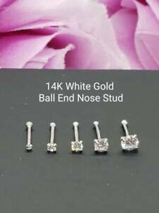 14K Solid White Gold , Bone Ends Nose Stud, Diamond Nose Stud  20 GA